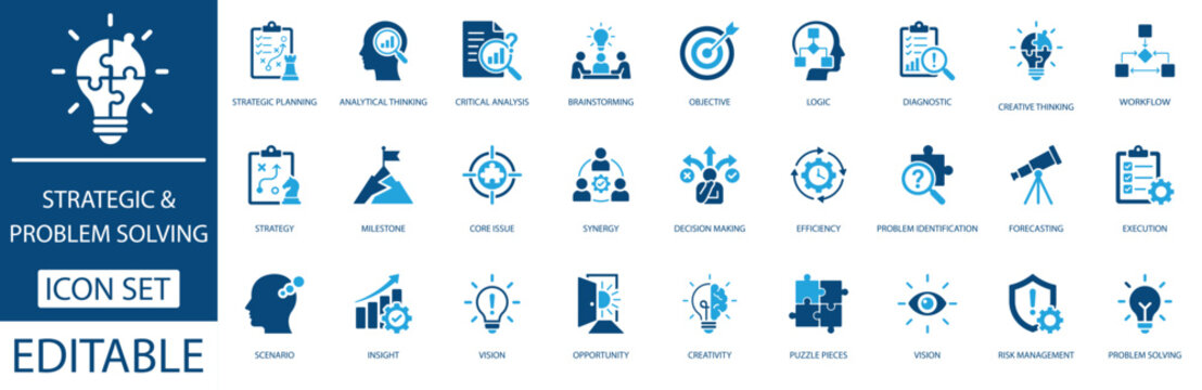 Strategic & problem solving solid icon set. Featuring strategic planning, analytical thinking, decision making, efficiency and risk management. Vector icons for business presentations, corporate repor