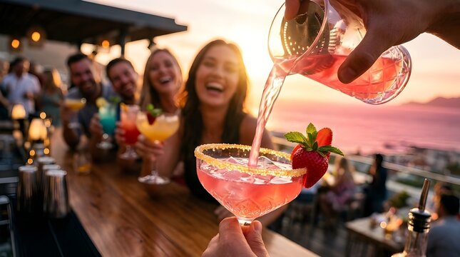 Friends celebrating with colorful cocktails at a beach bar during sunset with a vibrant sky