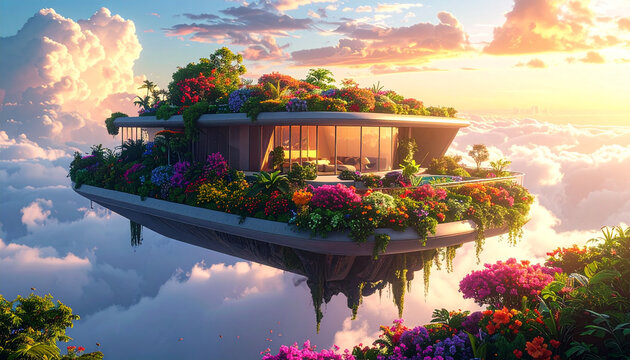 Floating Futuristic Luxury Villa with Lush Gardens Above Clouds