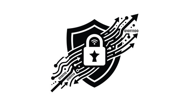 Digital cybersecurity shield icon with padlock and binary data flow.