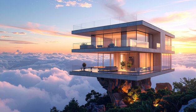 Futuristic luxury glass villa on a cliff edge above clouds at sunset