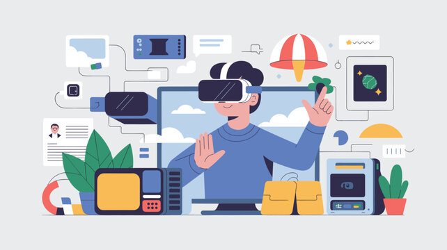 Man wearing VR headset interacting with virtual reality elements flat illustration