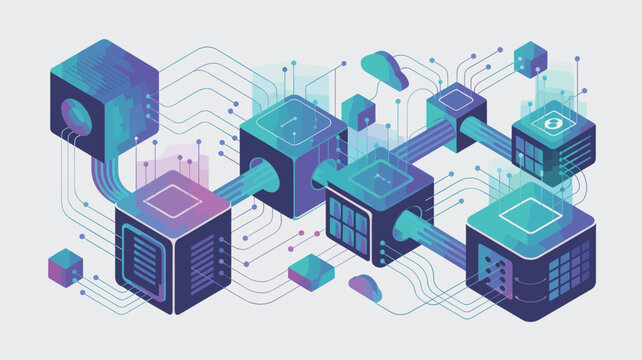Isometric Gradient Blue and Purple Data Network with Server Cubes and Cloud Connections