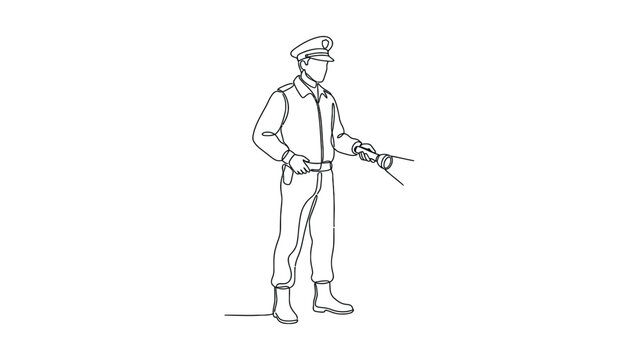 Continuous one line drawing of a security guard holding a flashlight.