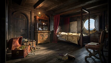 Obraz premium Cozy rustic bedroom with vintage furniture and warm lighting in cabin interior