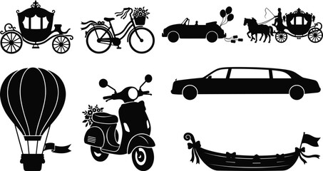 Wedding Transportation Silhouette Collection with Carriage Bicycle Limousine Scooter and Balloon © Maya