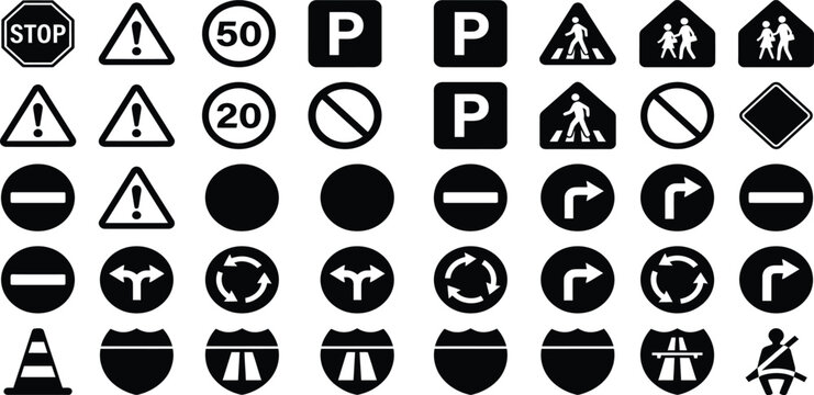 Road Sign Icons Collection Black Silhouette Shapes On White Background