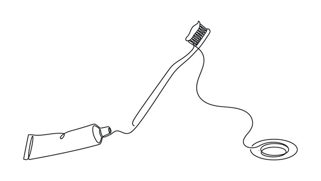 Continuous line art drawing of a toothbrush toothpaste and sink drain.