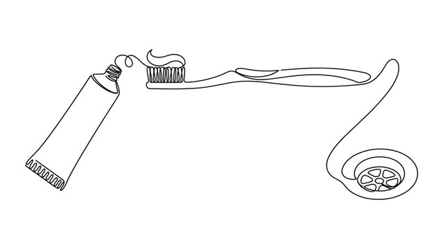 Continuous one line drawing of a toothbrush and toothpaste tube connecting to a sink drain.