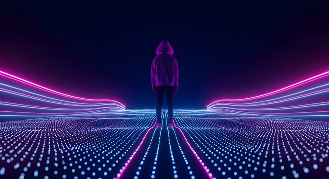 Futuristic Technology Concept Person in Hoodie with Neon Lights