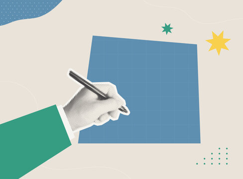 Halftone collage of a hand writing with a pen on a blank blue canvas with star shapes, representing content development and creative writing. Perfect for marketing, blogging, and copywriting content.