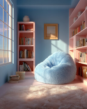 Cozy kids room with blue bean bag chair and bookshelf