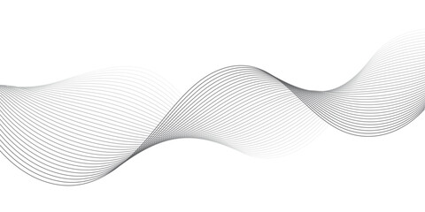 Abstract black and gray wave line background featuring elegant curved linear stripes, dynamic geometric motion, and minimalist technology soundwave vector banner artwork. © Hasan