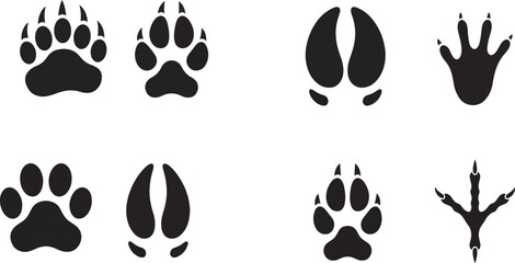 Fototapeta premium Collection of animal paw prints and bird track silhouettes isolated on a white background