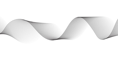 Fototapeta premium Abstract modern gray and black flowing wave pattern with intertwining linear curves, digital frequency soundwave design, and elegant minimalist technology vector graphics.