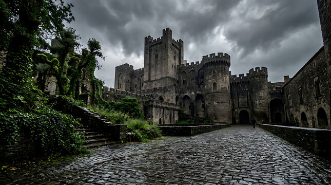 Ancient stone castle fortress with tall towers and cobblestone path under a dramatic stormy sky