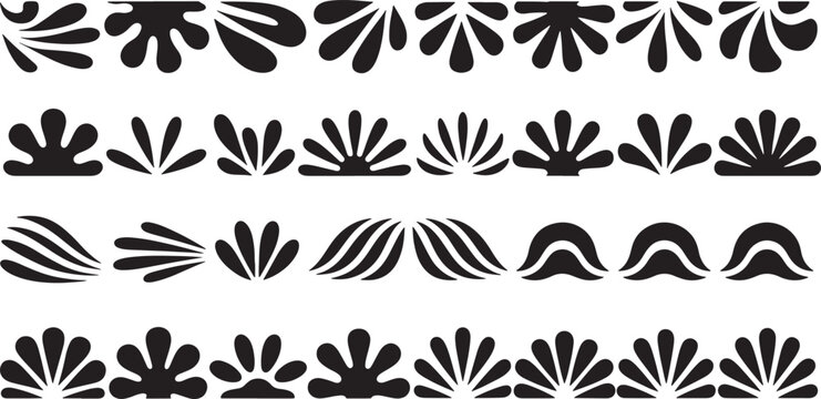Decorative black floral and leaf motifs arranged in horizontal borders and patterns for ornamental and embellishment purposes