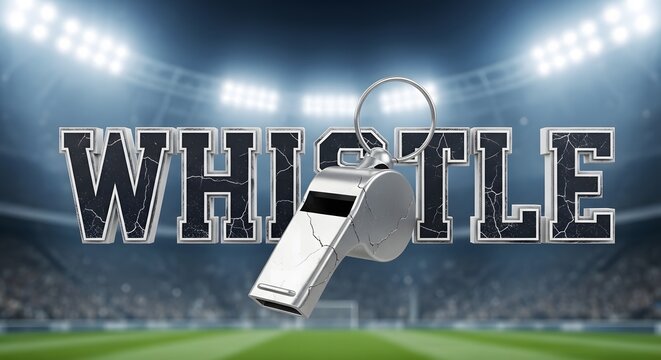 A silver referee whistle with a cracked design on a sports field with the word whistle