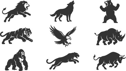 Set of powerful wild animal silhouette icons in aggressive and active poses for sports branding © Vecto_Pixels