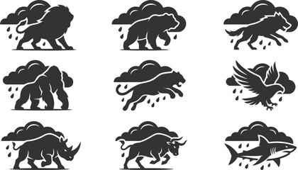 Black silhouette collection of wild animals with storm clouds and rain representing powerful nature weather phenomena © Vecto_Pixels