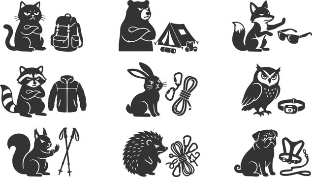 Angry and grumpy animals with camping gear and hiking equipment for outdoor adventure design and brand identity