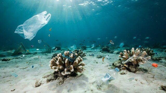 Underwater Ocean Floor with Coral Reefs and Plastic Waste Pollution