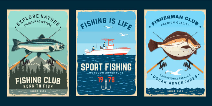Vintage Sport Fishing Vector Poster Set. Retro Salmon, Fishing Boat and Flatfish Collection