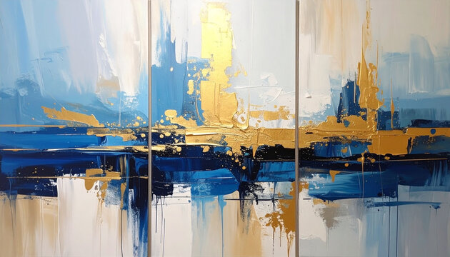 Modern Blue and Gold Abstract Triptych Canvas Art