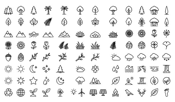 Minimal Line Art Nature Icons Collection with Trees Leaves Mountains and Eco Elements
