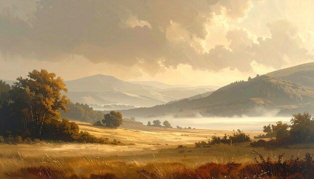 Golden Morning Mist Over Mountain Valley Landscape Painting