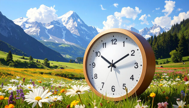 Wooden Clock in Alpine Flower Field with Scenic Mountain Vista