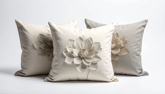 Elegant Neutral Throw Pillows with 3D Floral Applique Design