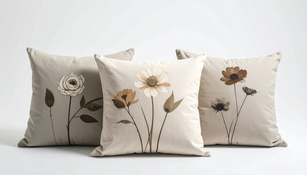 Three decorative pillows with elegant floral prints on white background