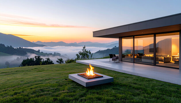 Modern Luxury Villa with Fire Pit and Sunset Mountain View