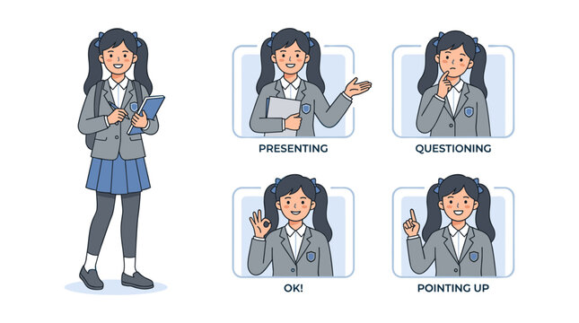 Set of diverse student girl gestures and expressions for school education with schoolgirl, gestures