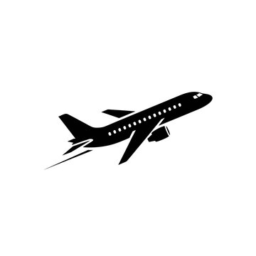 Black silhouette of a passenger airplane taking off on a white background