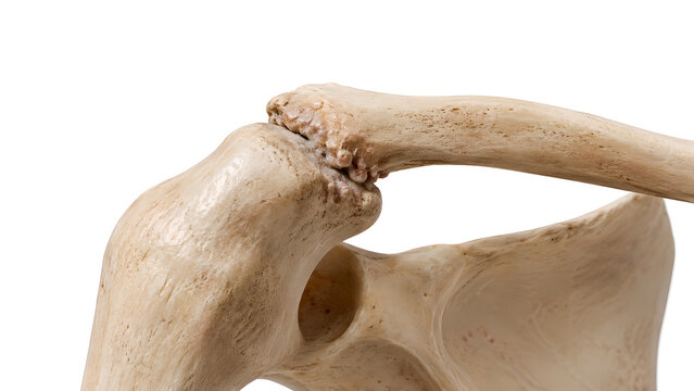 Acromioclavicular joint arthritis with osteophytes, photorealistic shoulder anatomy image showing AC joint degeneration on white background for healthcare, radiology, and patient education use
