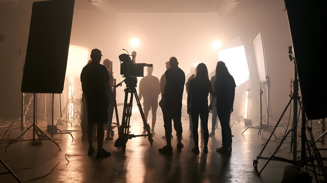 A production studio with cameras, lighting, and actors for a film set has been set up