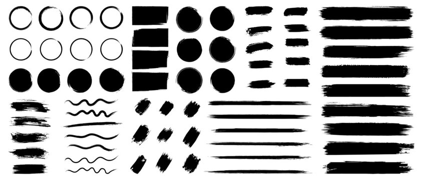 Mega collection of paint brush stroke and ink brush stroke. Black brush stroke set with ink circles, watercolor splatter and dry paint textures. Dry paint stains brush stroke and Dirty artistic vector