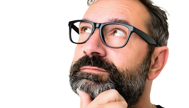 A man in glasses and a beard contemplates, hand on his chin. His expression shows deep thought as he considers various options. The white background provides plenty of room for textual content.