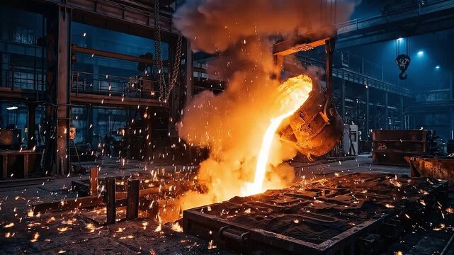 Tracking shot of molten metal being poured from ladle into sand mold in industrial foundry with sparks flying and orange glow in dim blue workshop