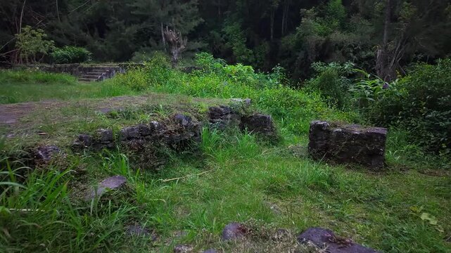 Scenic footage in the ruins of the Old Thermes of Hell-Bourg in Salazie, La R&eacute;union, are the remains of a 19th-century spa, a luxurious destination known for its healing, Vichy-like mineral waters.	