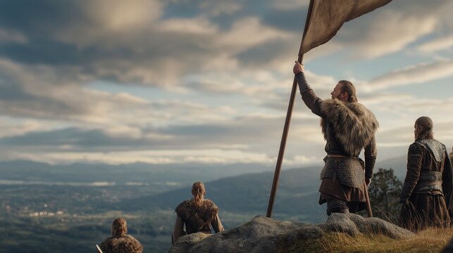 A Viking warrior raises his banner atop a windswept hill as fellow warriors stand behind him, symbolizing courage, unity, and the determination to face the unknown with strength and honor.

