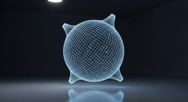 A futuristic, geometric, wireframe sphere with four protruding points, floating in a dark, empty room with a reflective floor.