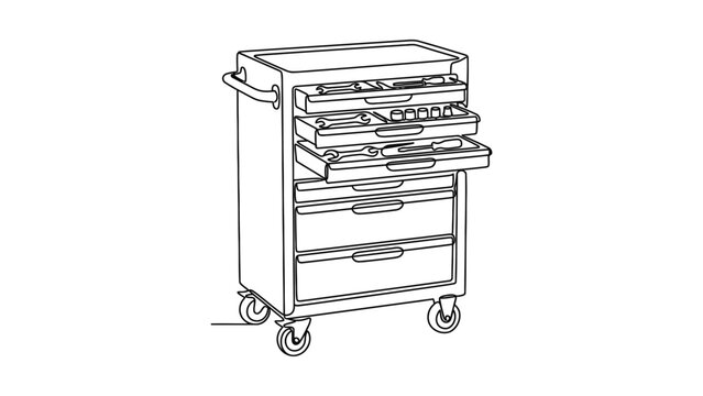 Mechanic's Rolling Tool Chest with Drawers Open, Line Art Illustration