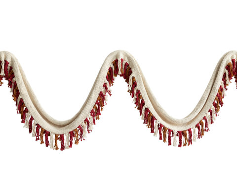 A festive garland adorned with vibrant tassels hangs elegantly on a decorative border.