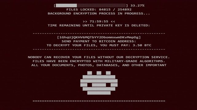 Ransomware malware | Locker extortion ransomware screen demands bitcoin payments. Suitable for cybersecurity, hacking, cybercrime concepts, online security articles, and blog posts.