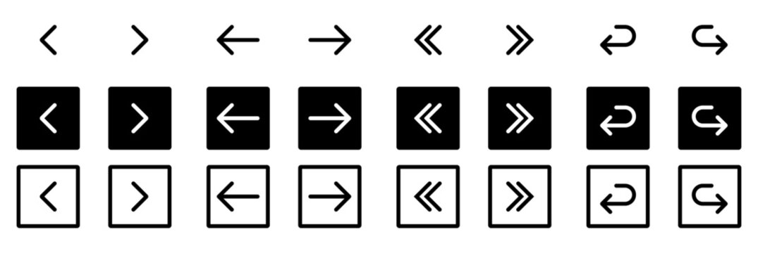 Navigation arrow icon collection featuring forward, backward, next, previous, return, refresh, directional, interface, button, pointer and control symbols. Clean filled and outline square icons 
