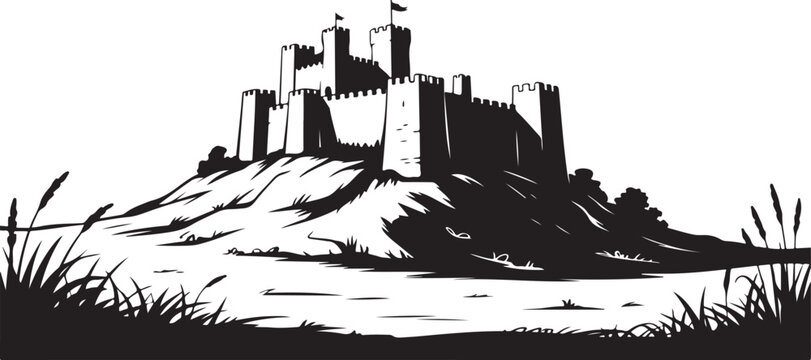Medieval stone fortress standing atop grassy hill featuring tall towers and battlements depicted in sharp black silhouette style.