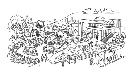 Obraz premium Black and white sketch illustration of a bustling public park and urban architecture.